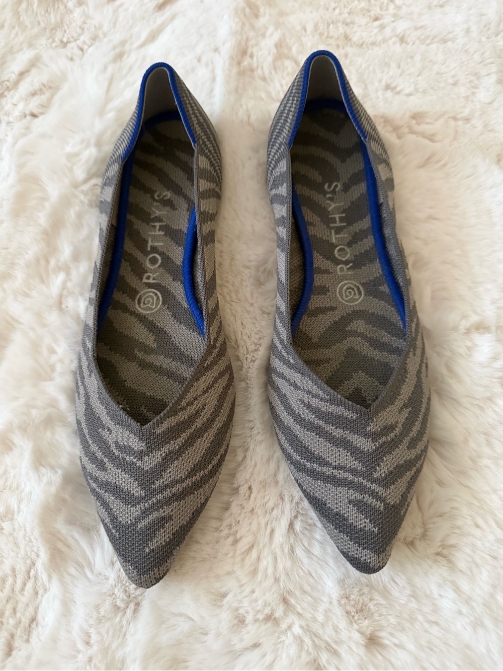 Rothy's Zebra Print Gray Pointed Knit Flats with Blue Trim - Size 9